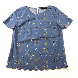 Sugarhill Boutique UK blue synchro swimmer print short sleeve cotton top Size 4